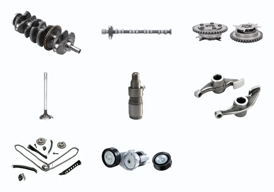 MONTTRON crankshaft, timing and valvetrain parts: a crankshaft, a camshaft, two VVT camshaft adjusters, an engine valve, a hydraulic tappet, two rocker arms, a timing chain kit with its rails and tensioner, and a belt tensioner with its pulleys