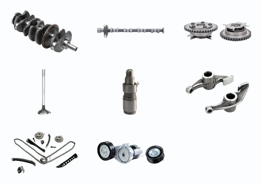 MONTTRON crankshaft, timing and valvetrain parts: a crankshaft, a camshaft, two VVT camshaft adjusters, an engine valve, a hydraulic tappet, two rocker arms, a timing chain kit with its rails and tensioner, and a belt tensioner with its pulleys
