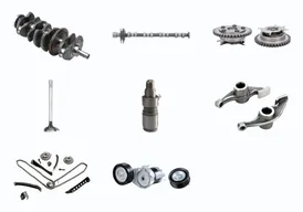 MONTTRON crankshaft, timing and valvetrain parts: a crankshaft, a camshaft, two VVT camshaft adjusters, an engine valve, a hydraulic tappet, two rocker arms, a timing chain kit with its rails and tensioner, and a belt tensioner with its pulleys